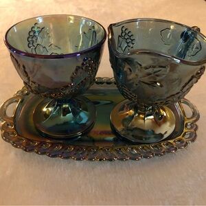 Fenton Iridescent Carnival Glass Creamer, Sugar Bowl and Tray